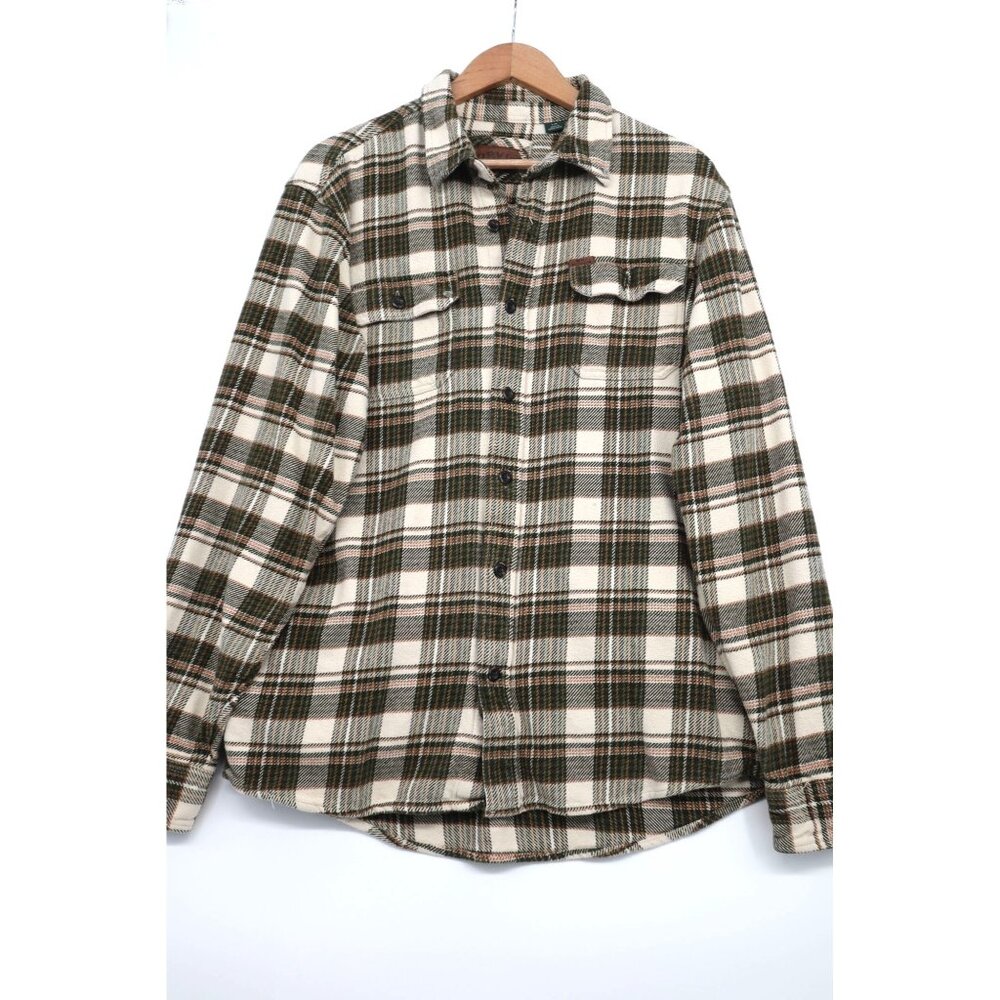 Orvis Mens L/G Plaid Flannel Button-Up Shirt Green & Cream Cotton Outdoors Camp